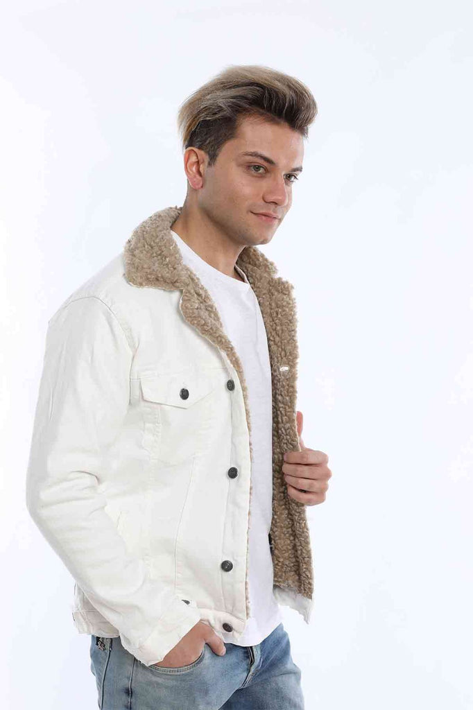 Faux fur-trimmed denim jacket in brown - Acne Studios | Mytheresa